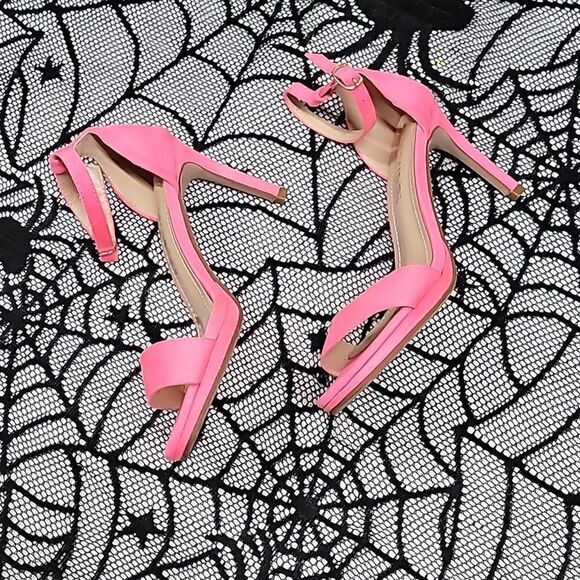 Neon Pink Suede Open Toe Heels - Picture 2 of 10